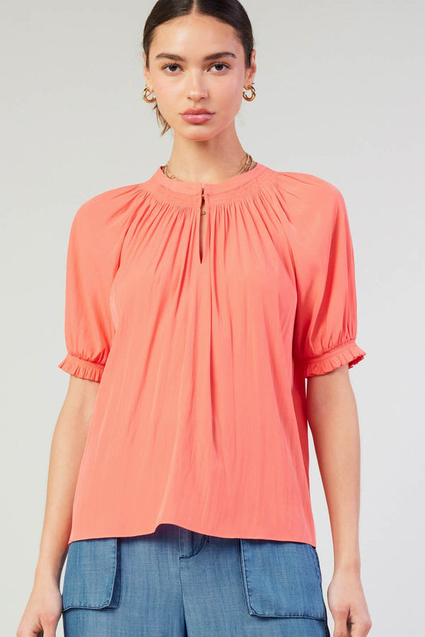 Smocked Trimmed Neck Half Balloon Sleeve Blouse Coral