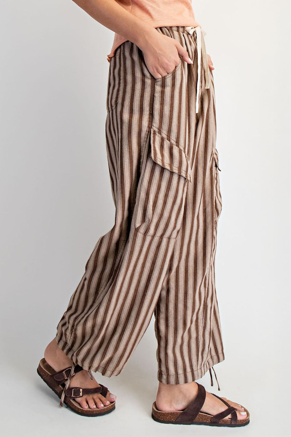 Striped Wide Leg Cargo Pants Taupe Stripe