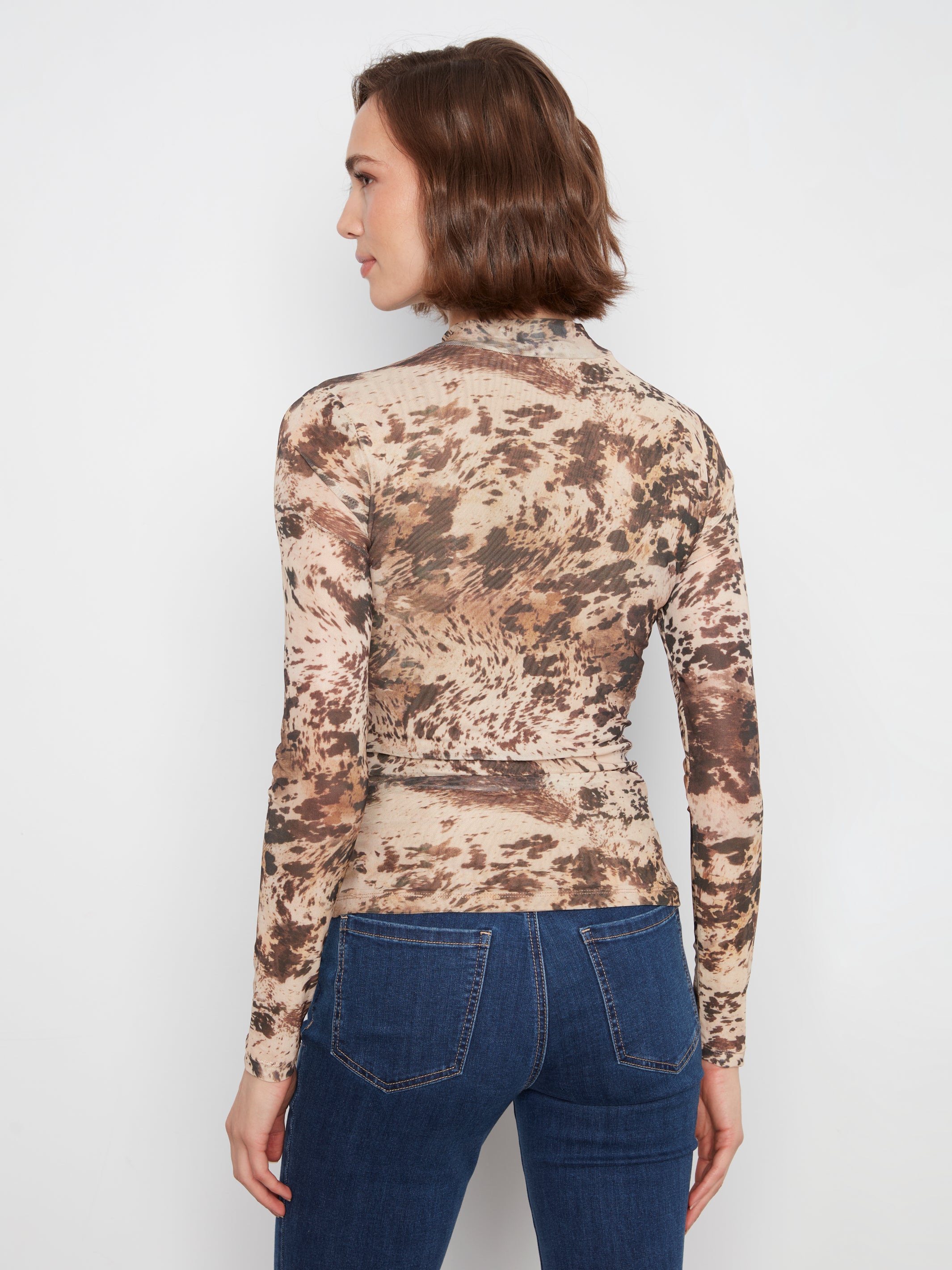 Printed Mesh Mock Neck Long Sleeve Top Country