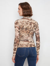 Printed Mesh Mock Neck Long Sleeve Top Country