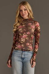 Paige Mesh Long Sleeve Top Brown Floral