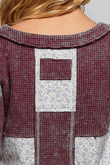 Patchwork Waffle Knit Floral Long Sleeve Top Blood Red Multi