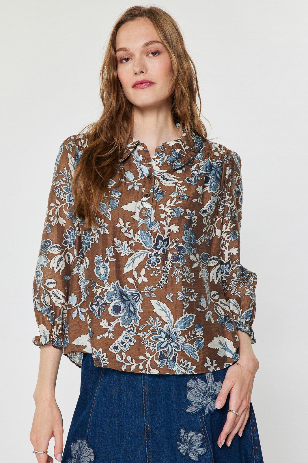 Vintage Fleur Ruffle Collared Top Blue Multi