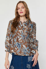 Vintage Fleur Ruffle Collared Top Blue Multi