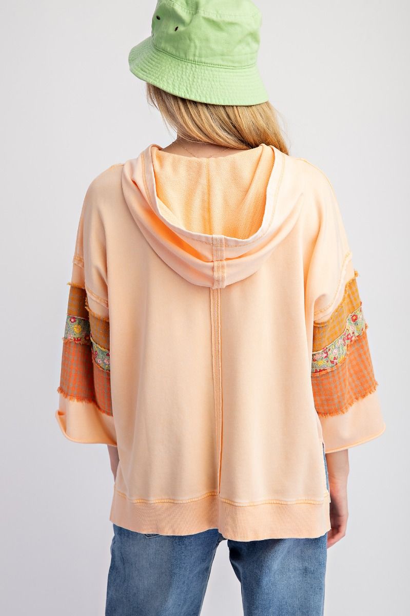 3/4 Sleeve Mix Pattern Patch Detail Hoodie Cantaloupe