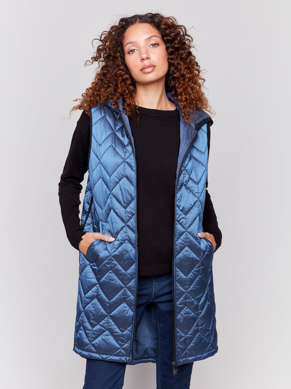 Hooded Long Quilted Puffer Vest Glacier