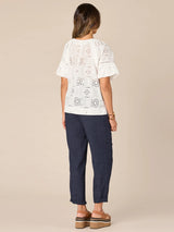 Bubble Sleeve Spliced Vneck Eyelet Emb. Top Off White