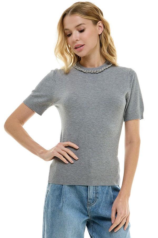 Crystal Chain Neckline Short Sleeve Sweater Heather Grey