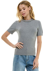 Crystal Chain Neckline Short Sleeve Sweater Heather Grey