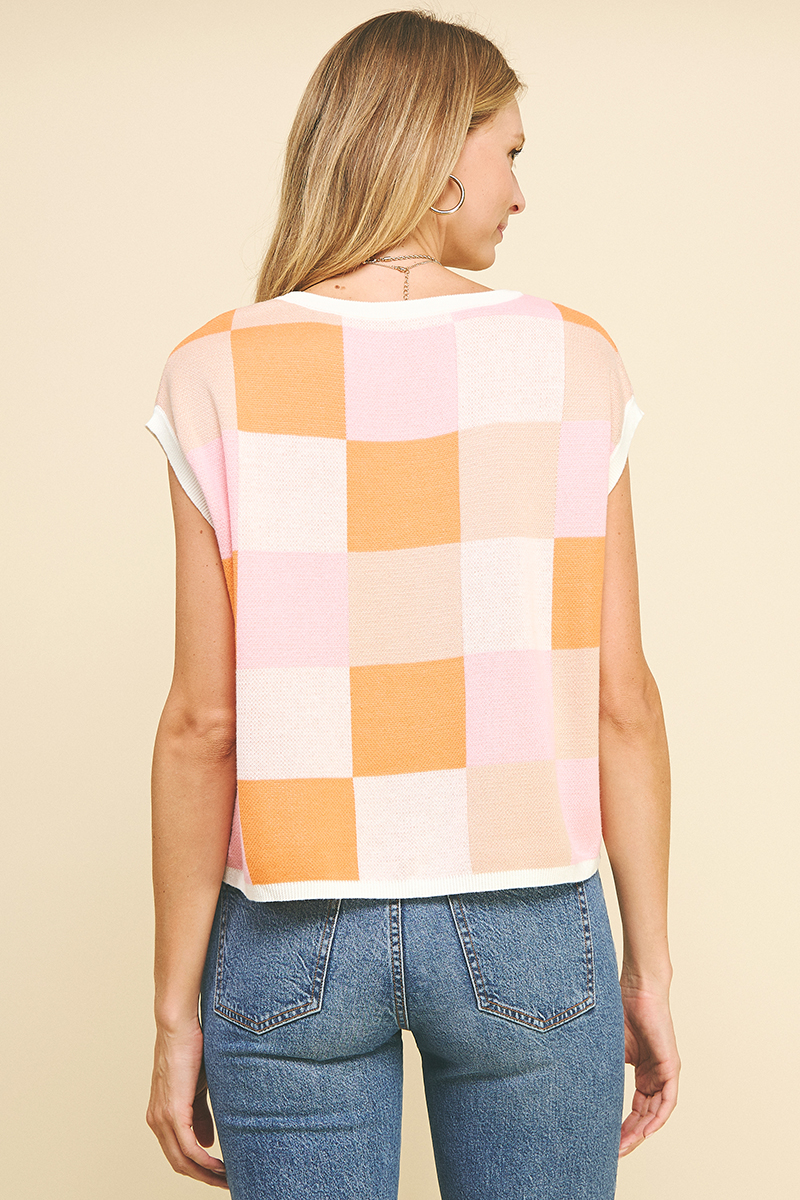 Colorblock Squares Sweater Vest Top Orange Multi