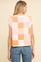 Colorblock Squares Sweater Vest Top Orange Multi