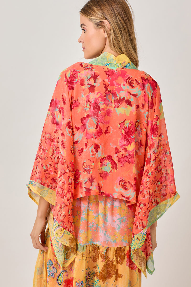 Contrast Border Print Floral Kimono Tomato Mix