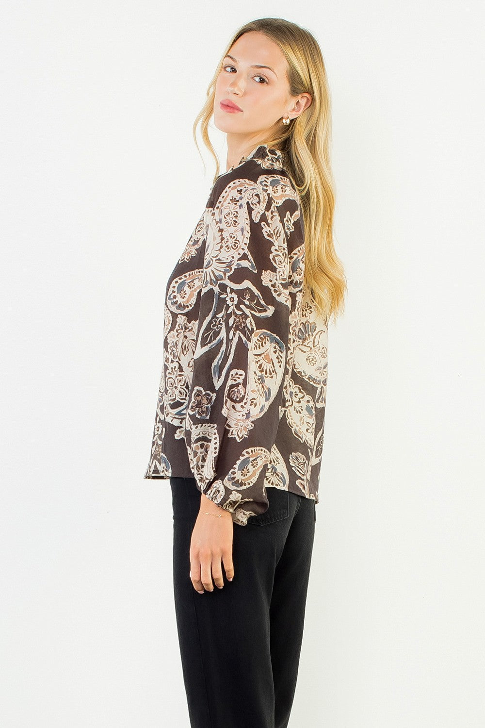 Paisley Surplice Long Sleeve Blouse Brown