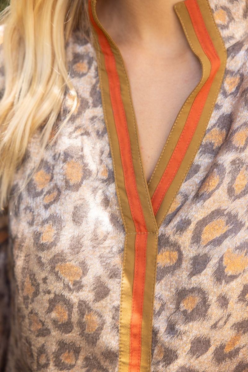 Stripe Placket Detail Leopard Print Metallic Top Brown
