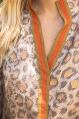 Stripe Placket Detail Leopard Print Metallic Top Brown