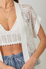 Embroidered Lace Hand Knit Short Sleeve Popover Off White