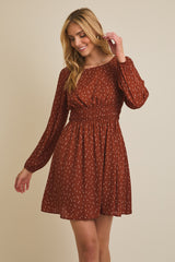 Smocked Waist Long Sleeve Abstract Dash Print Mini Dress Rust + Ivory