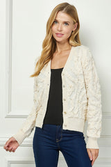 Wavy Knit Mixed Pearls Cardi Cream