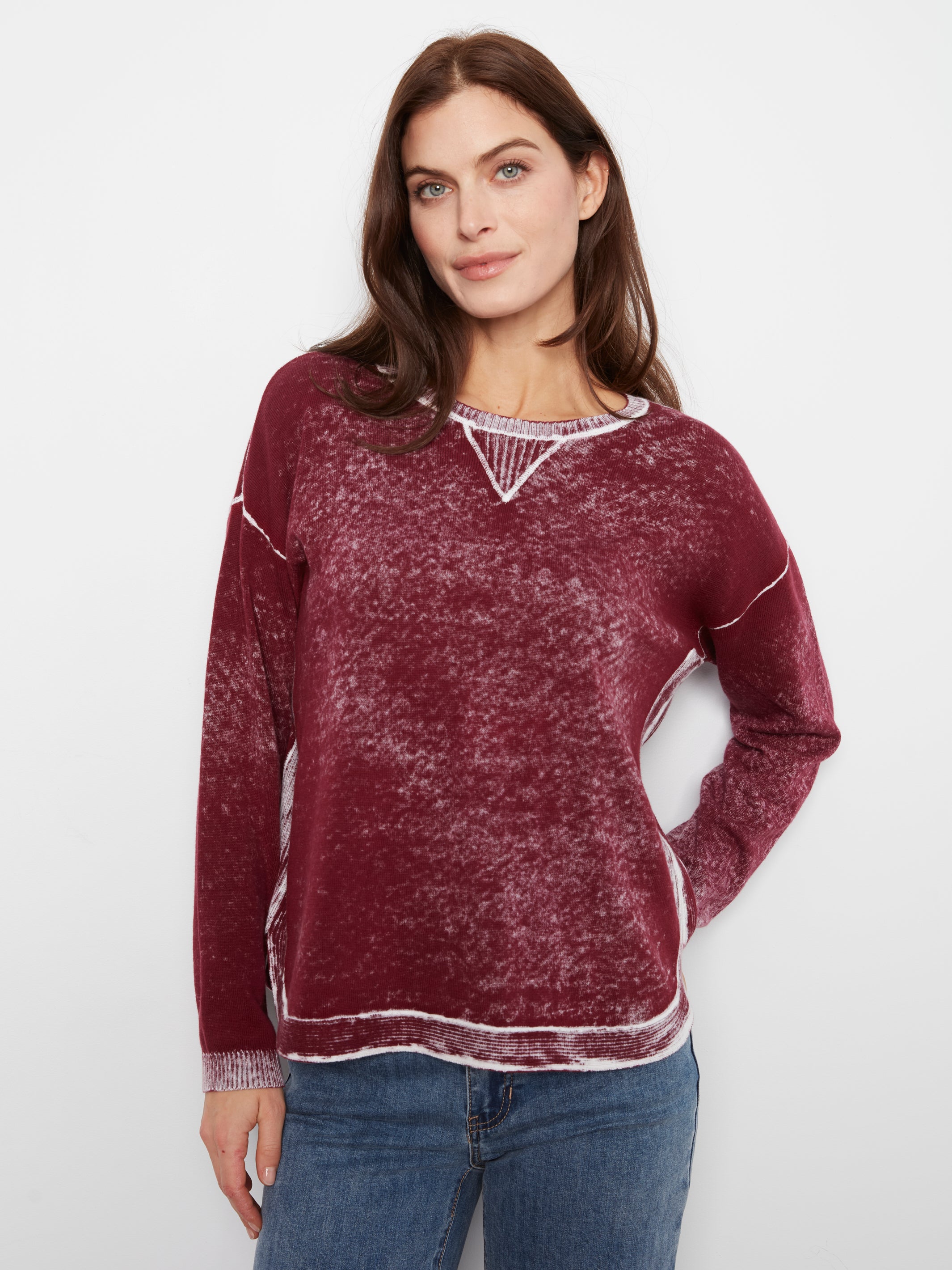 Solid Crew Neck Distressed Wash Sweater Merlot