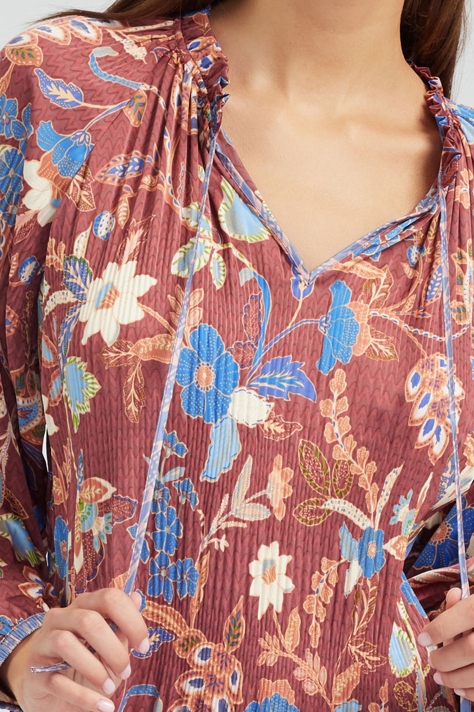Pleated Detail Floral Ruffle Tie Neck Long Sleeve Blouse Chestnut Multi