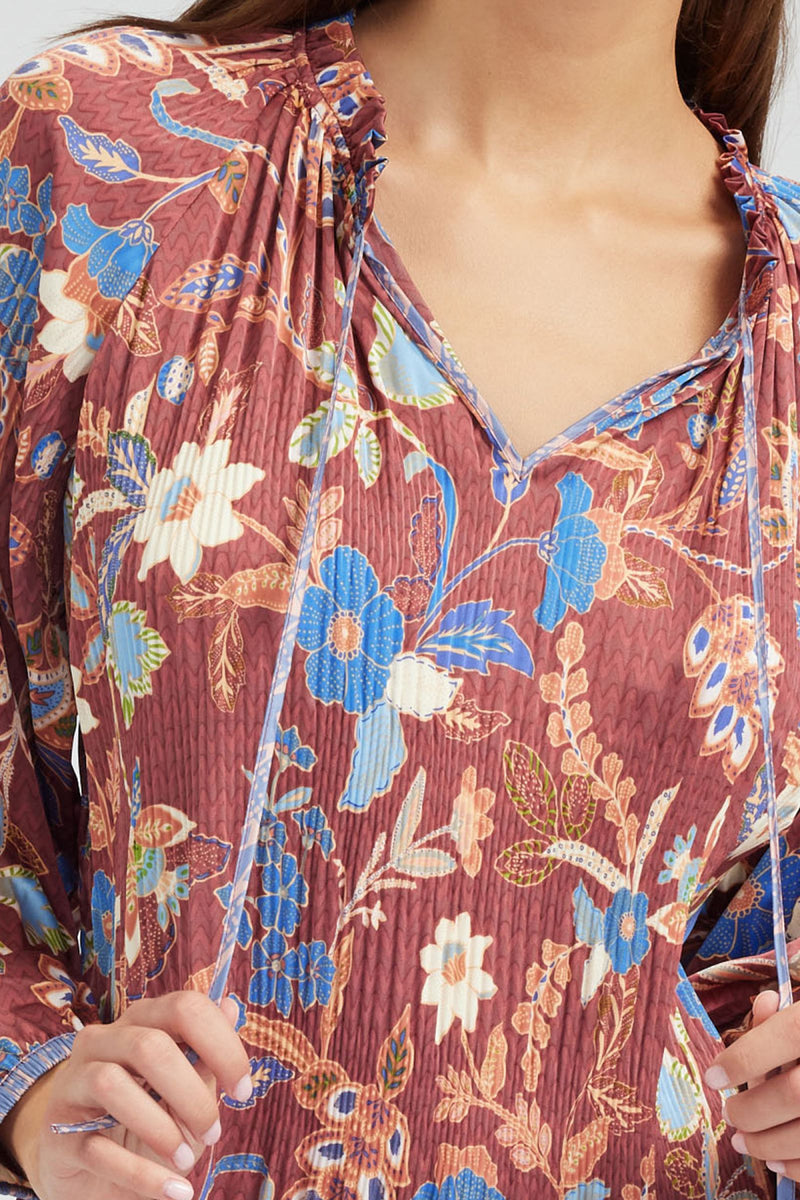 Pleated Detail Floral Ruffle Tie Neck Long Sleeve Blouse Chestnut Multi