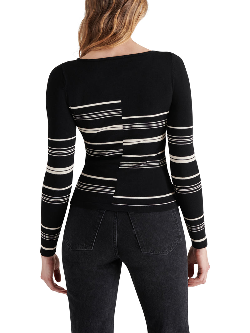 Joanne Boat Neck Mixed Stripe Ribbed Sweater Black Multi