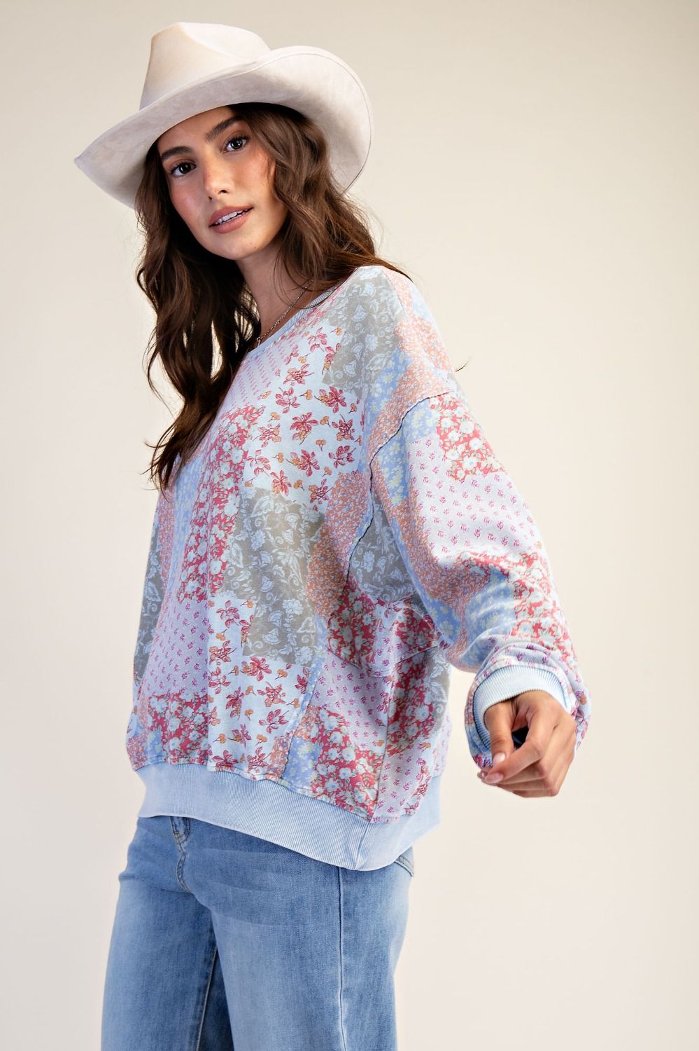 Floral Printed Washed Terry Pullover Peri Blue