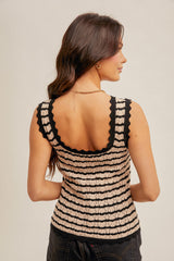 Scallop Edge Open Knit Pattern Stripe Tank Light Mocha