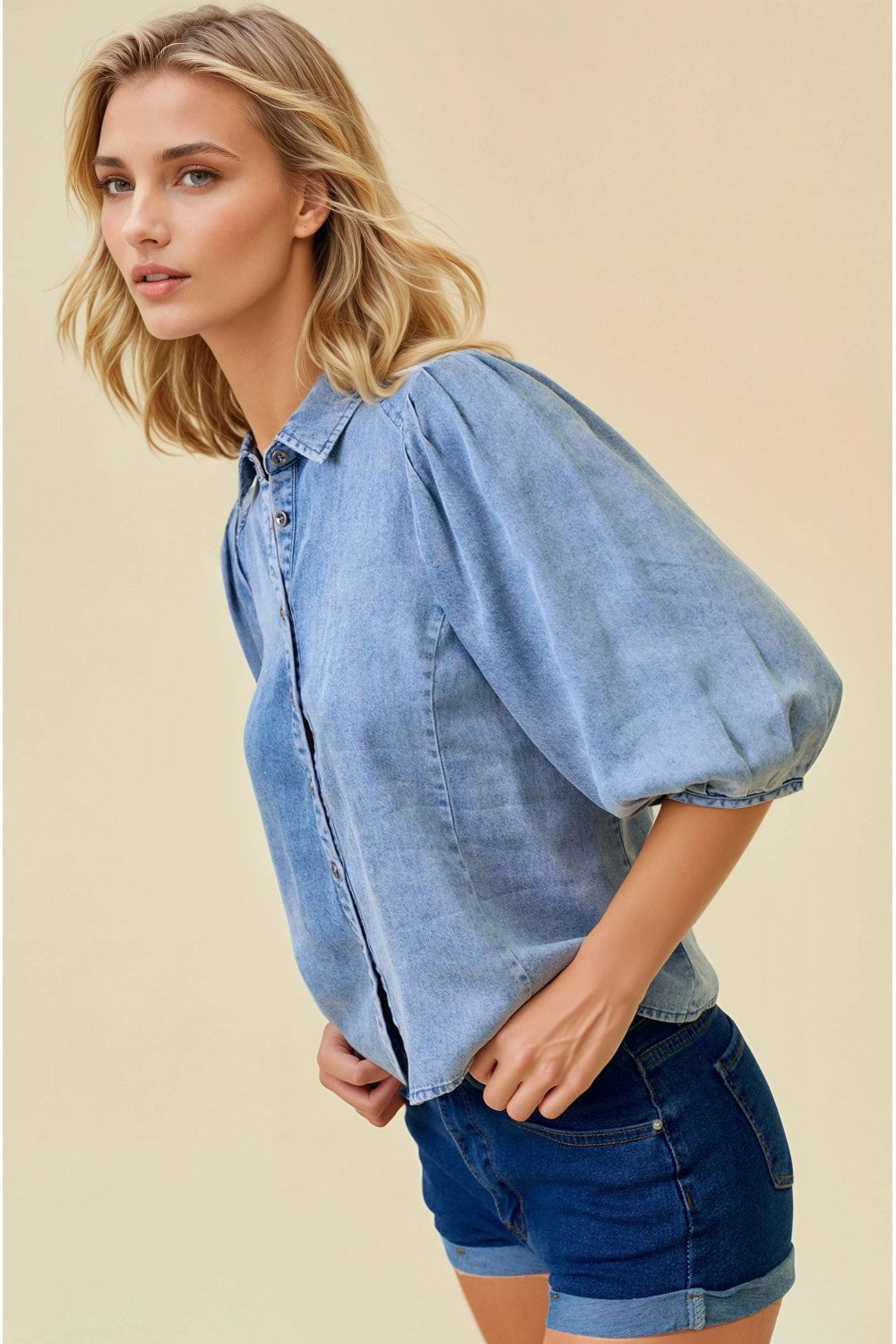 Chambray Pleat Detail Puff Sleeve Button Down Shirt Light Denim