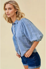 Chambray Pleat Detail Puff Sleeve Button Down Shirt Light Denim