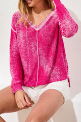 Washed Vneck Exposed Seam Sweater Top Gardenia