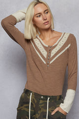 V Neck Rib Trim Point Shirt Chocolate