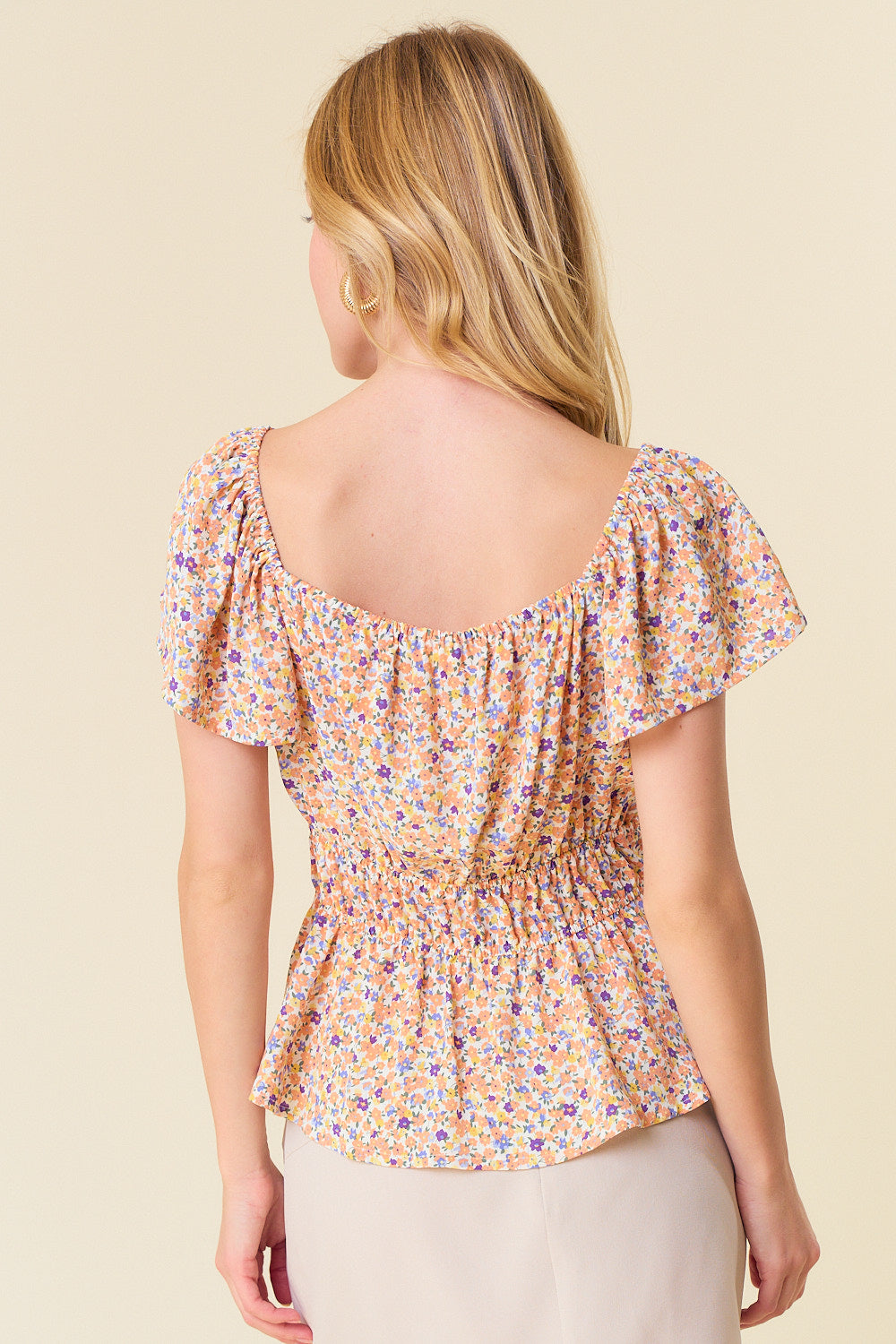 Ditsy Floral Vneck Flutter Short Sleeve Peplum Top Apricot