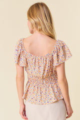 Ditsy Floral Vneck Flutter Short Sleeve Peplum Top Apricot