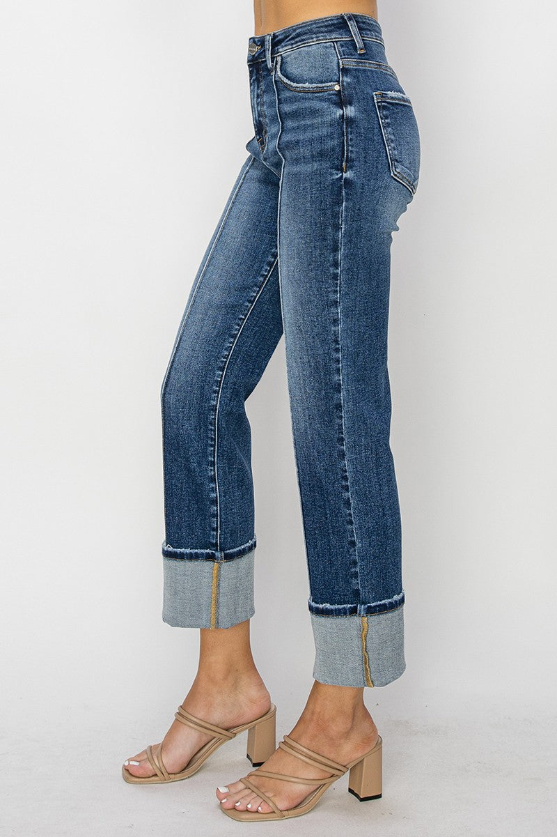 Front Seam High Rise Cuffed Straight Jeans Dark