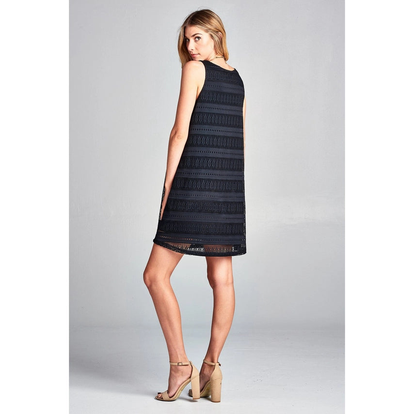 Diamond Pattern Lace Sleeveless Dress Black