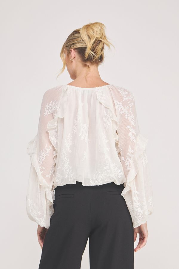 Embroidred Textured Ruffle Detail Blouse Off White