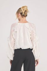 Embroidred Textured Ruffle Detail Blouse Off White
