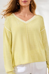 Washed Vneck Exposed Seam Sweater Top Lemon Grass