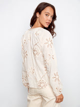 Printed Raglan Sleeve Popover Blouse Ecru