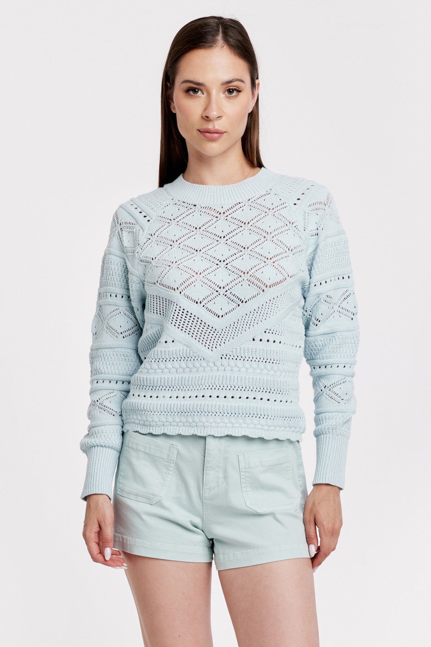 Louisa Round Neck Crochet Sweater Aquamarine
