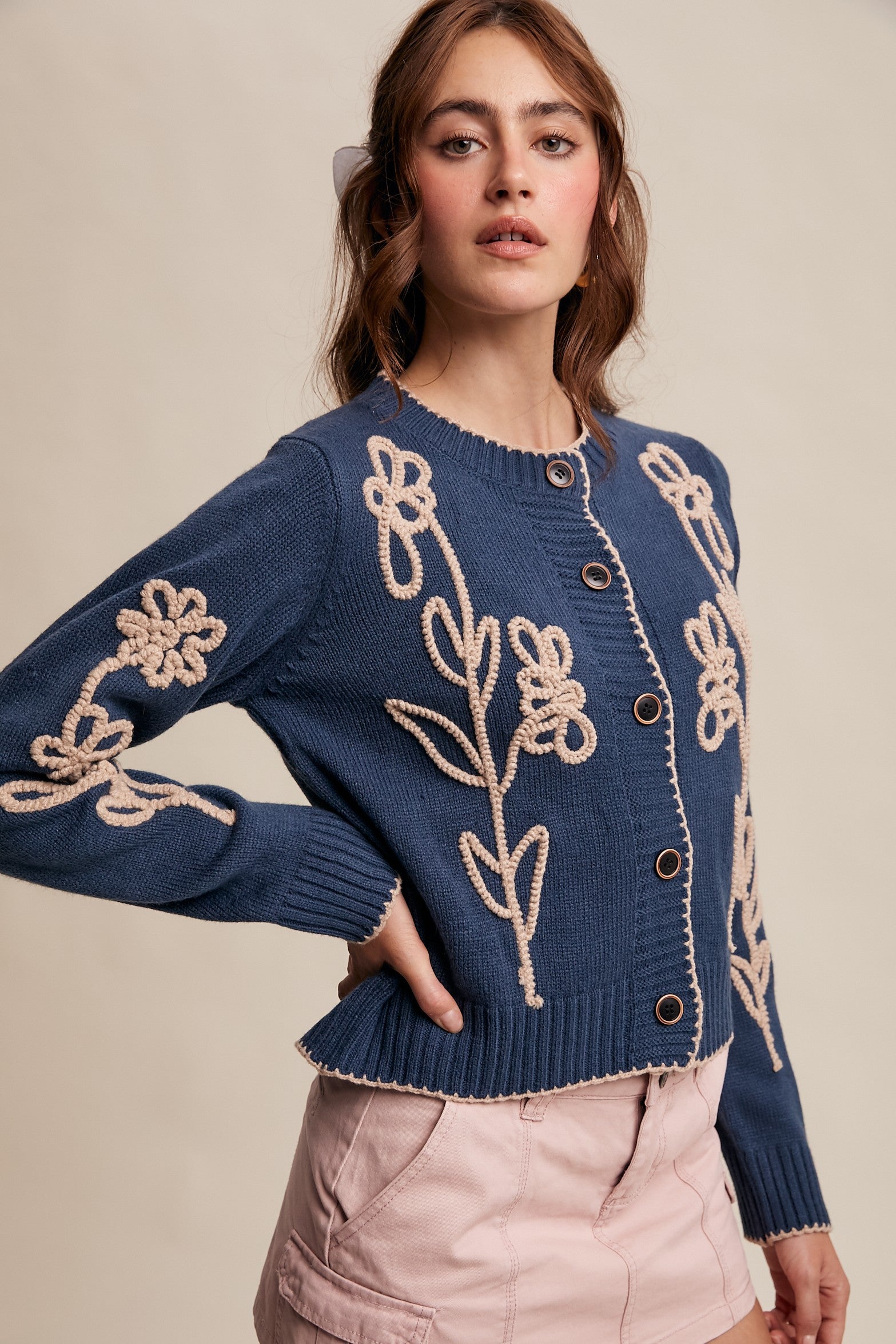 Embroidered Floral Knit Cardigan Vintage Blue