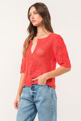 Jamila Crochet Puff Sleeve Scallop Hem Top Pimento