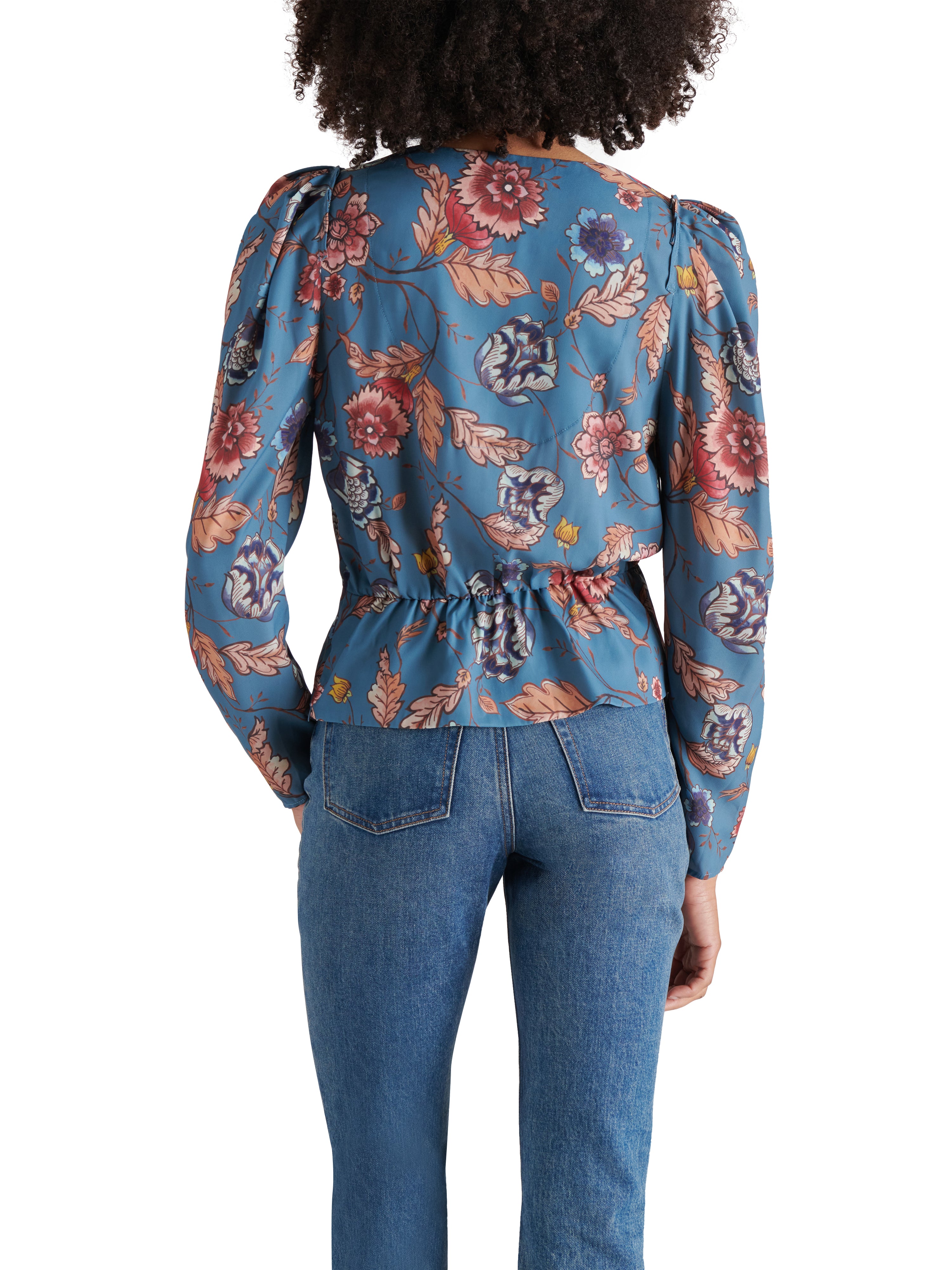 Saige V Neck Folklore Floral Long Sleeve Top Celestial Blue