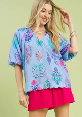 Whimsy Floral Print Split Neck Puff Sleeve Top Periwinkle Mix
