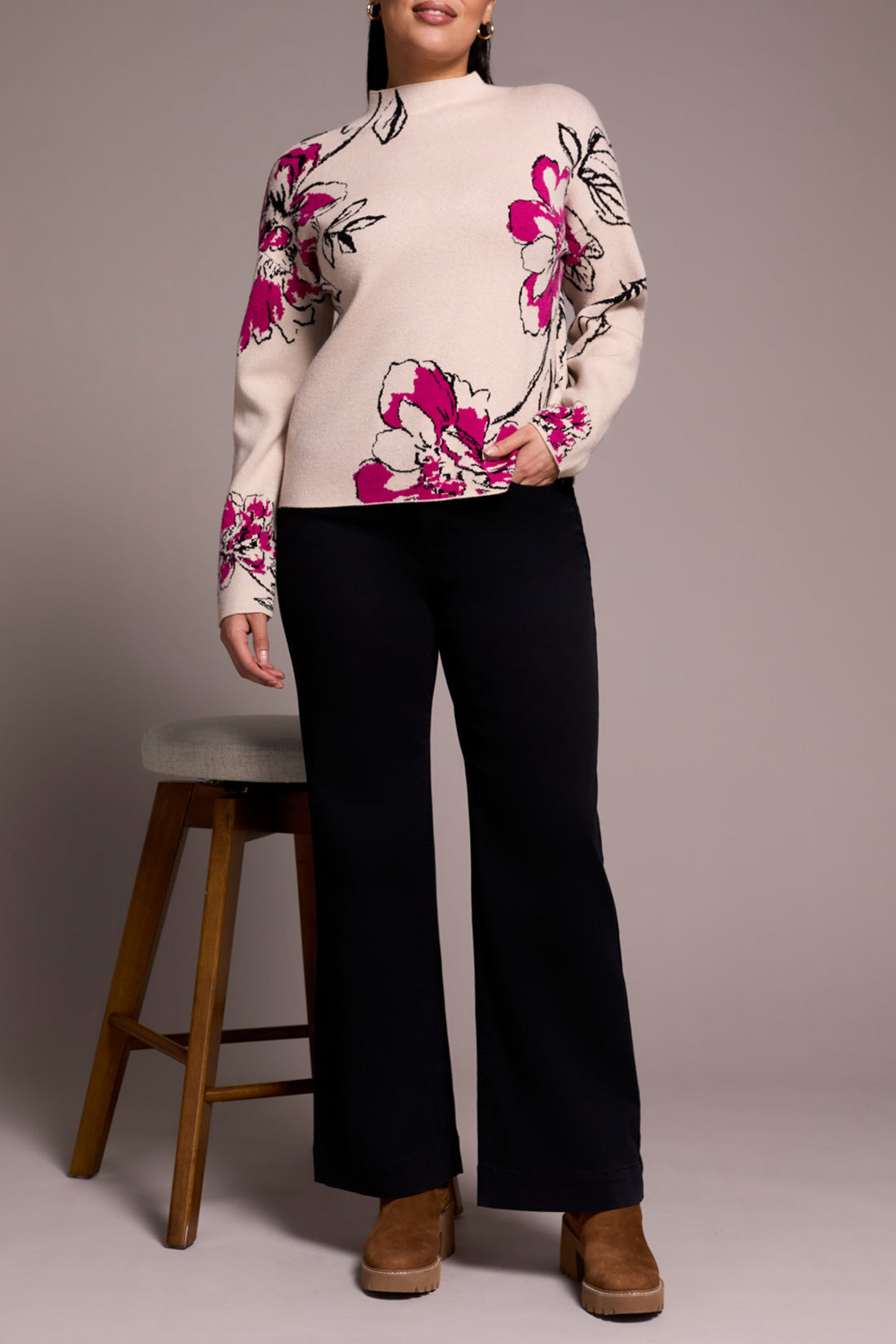Funnel Neck Floral Print Sweater Pink Flambe