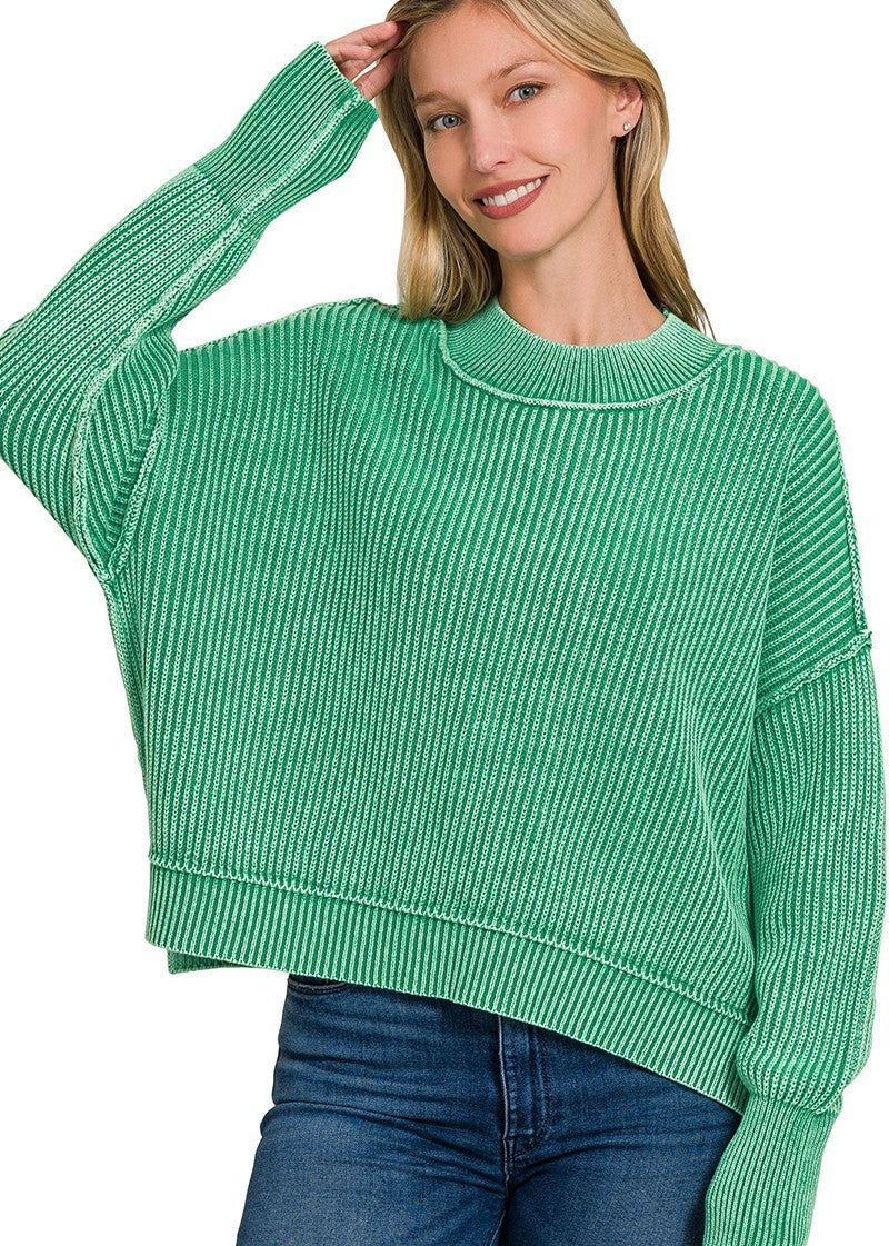 Washed Side Slit Oversize Cropped Sweater Kelly Green