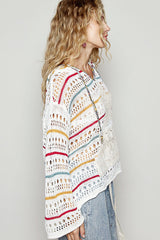 Flare Sleeve Stripe Detail Star Crocheted Hoodie Ivory Multi