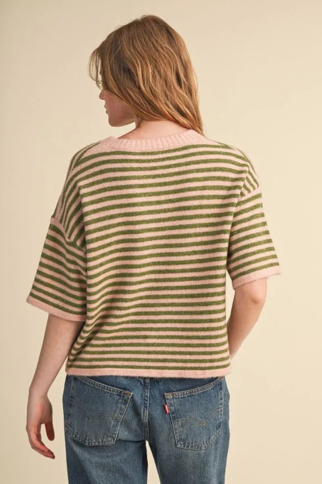 Short Sleeve Stripe Sweater Cardigan Rose Olive