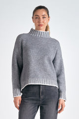 Striped Detail Hem Turtleneck Sweater Charcoal